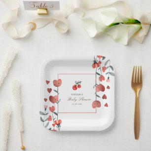 Plato De Papel Red Cherry Heart Floral Baby Shower