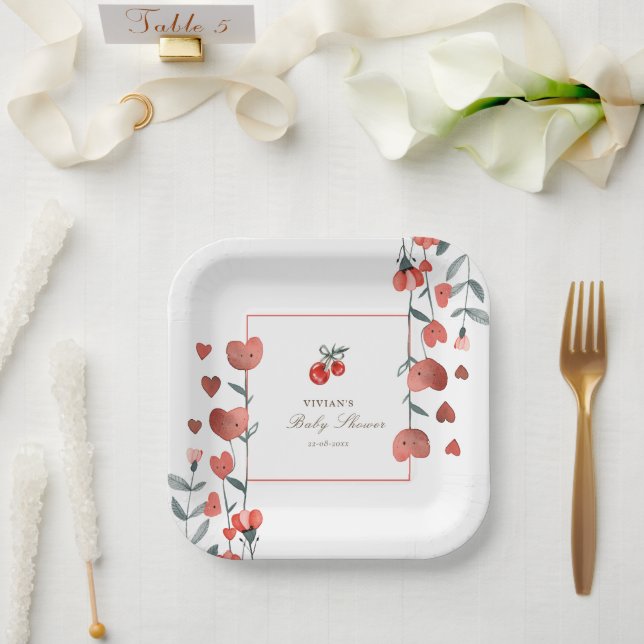 Plato De Papel Red Cherry Heart Floral Baby Shower (Boda)
