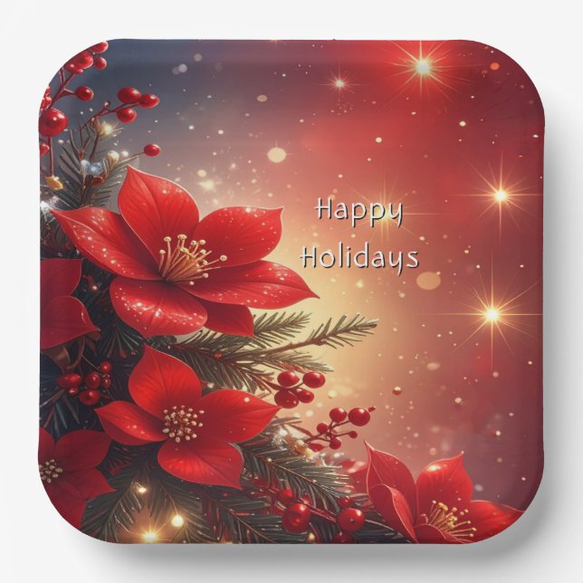 Plato De Papel Red Christmas Floral Holiday Paper Plate (Anverso)