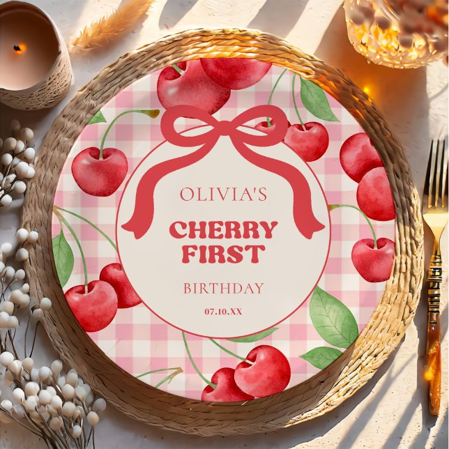 Plato De Papel Red Coquette Bow Cherry First Birthday Party (Subido por el creador)