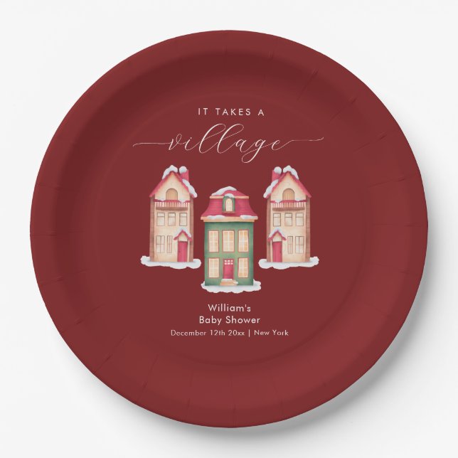 Plato De Papel Red Cute Snow Gingerbread Village Baby Shower  (Anverso)