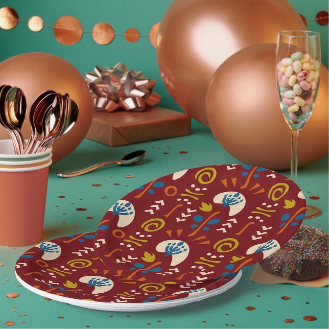 Plato De Papel Red Ethnic Summer Boho Floral Pattern (Multi)