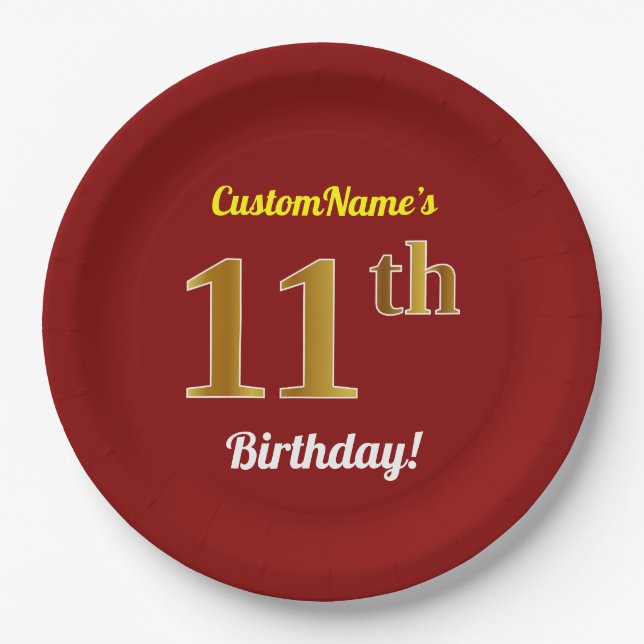 Plato De Papel Red, Faux Gold 11th Birthday + Nombre personalizad (Anverso)