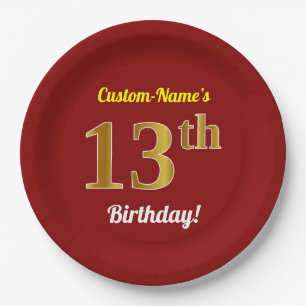 Plato De Papel Red, Faux Gold 13th Birthday + Nombre personalizad