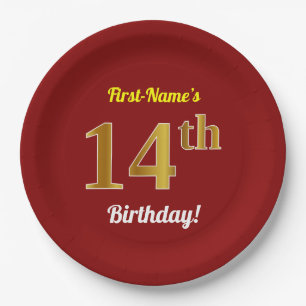 Plato De Papel Red, Faux Gold 14th Birthday + Nombre personalizad
