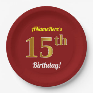 Plato De Papel Red, Faux Gold 15th Birthday + Nombre personalizad