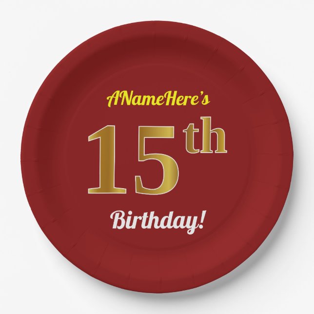 Plato De Papel Red, Faux Gold 15th Birthday + Nombre personalizad (Anverso)