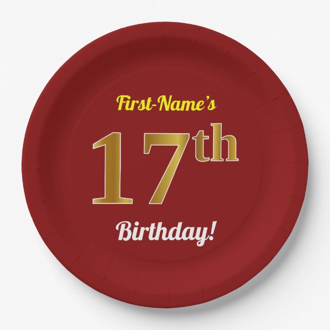 Plato De Papel Red, Faux Gold 17th Birthday + Nombre personalizad (Anverso)