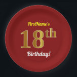 Plato De Papel Red, Faux Gold 18th Birthday   Nombre personalizad<br><div class="desc">Este sencillo diseño de placas de papel con temática de cumpleaños, personalizado, incluye un mensaje de personalizable como "¡Cumpleaños 18 de FirstName!", donde se puede cambiar el nombre, y con el "18" que tiene un aspecto falso/imitación dorado. También tiene un fondo de color rojo. Las placas de papel como estas...</div>