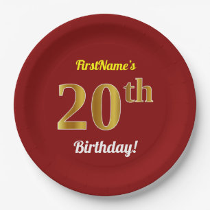 Plato De Papel Red, Faux Gold 20th Birthday + Nombre personalizad