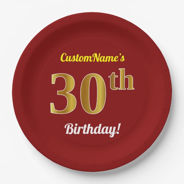 Plato De Papel Red, Faux Gold 30th Birthday + Nombre personalizad (Anverso)