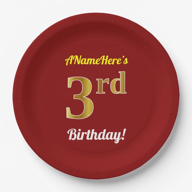 Plato De Papel Red, Faux Gold 3Birthday + Nombre personalizado (Anverso)