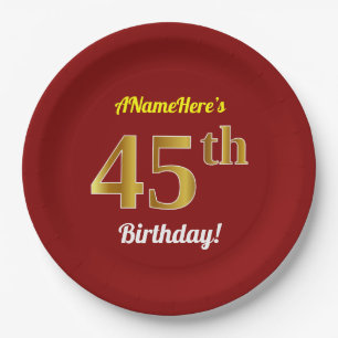 Plato De Papel Red, Faux Gold 45th Birthday + Nombre personalizad