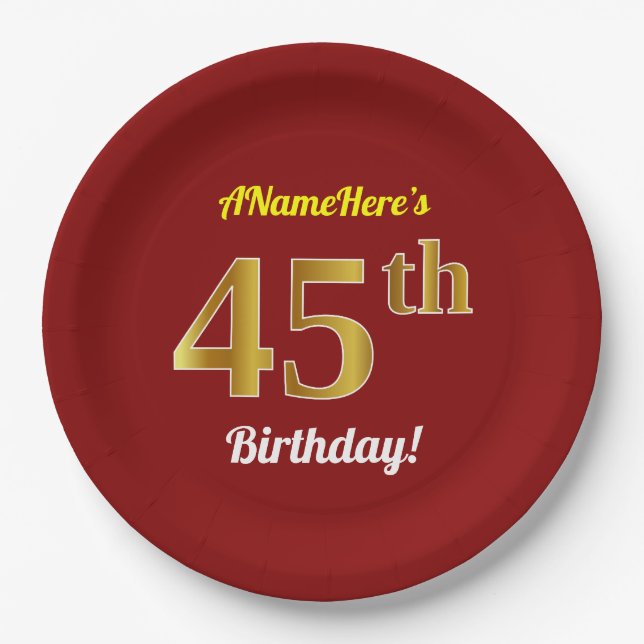 Plato De Papel Red, Faux Gold 45th Birthday + Nombre personalizad