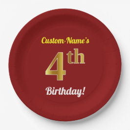 Plato De Papel Red, Faux Gold 4Cumpleaños + Nombre Personalizado