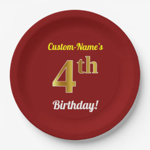 Plato De Papel Red, Faux Gold 4Cumpleaños + Nombre Personalizado