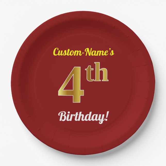 Plato De Papel Red, Faux Gold 4Cumpleaños + Nombre Personalizado (Anverso)