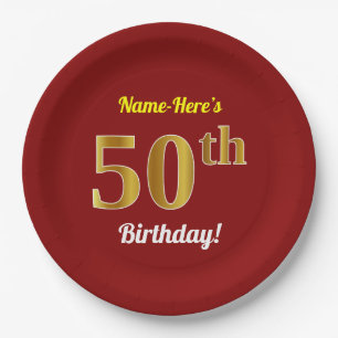 Plato De Papel Red, Faux Gold 50th Birthday + Nombre personalizad