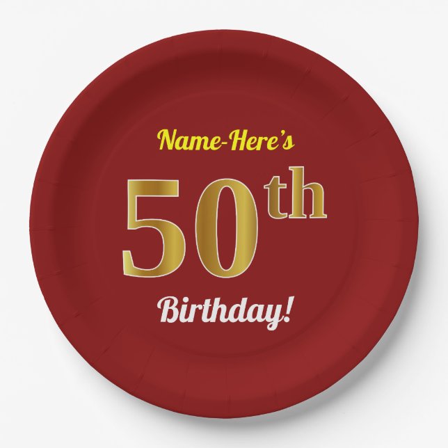 Plato De Papel Red, Faux Gold 50th Birthday + Nombre personalizad (Anverso)