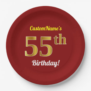Plato De Papel Red, Faux Gold 55th Birthday + Nombre personalizad
