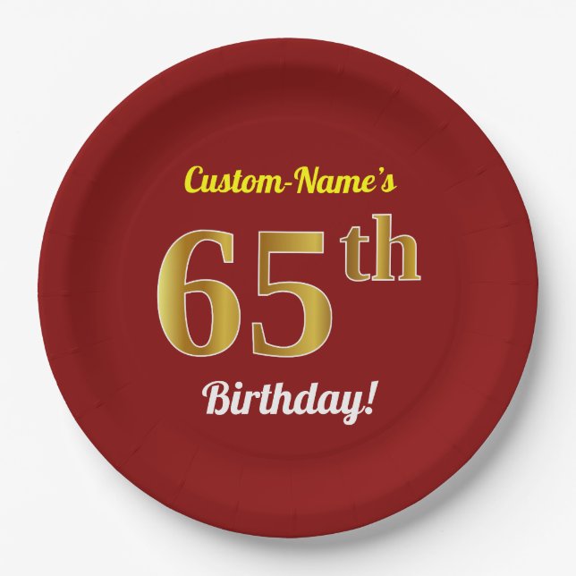 Plato De Papel Red, Faux Gold 65th Birthday + Nombre personalizad (Anverso)