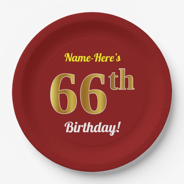 Plato De Papel Red, Faux Gold 66th Birthday + Custom Name (Anverso)