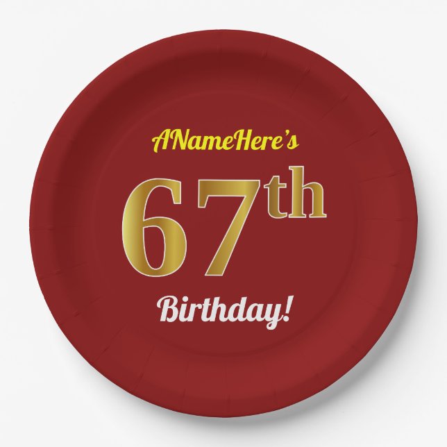 Plato De Papel Red, Faux Gold 67th Birthday + Nombre personalizad (Anverso)