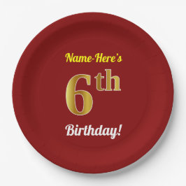 Plato De Papel Red, Faux Gold 6Cumpleaños + Nombre Personalizado