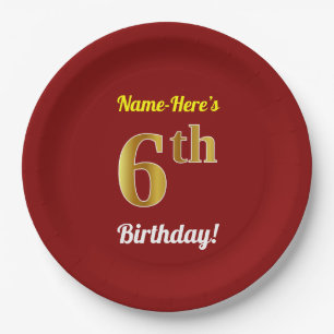 Plato De Papel Red, Faux Gold 6Cumpleaños + Nombre Personalizado