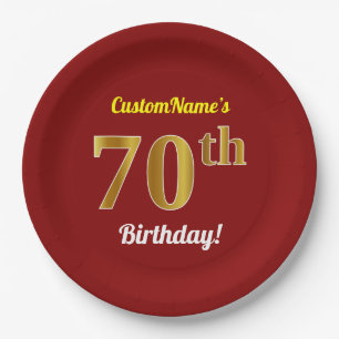 Plato De Papel Red, Faux Gold 70th Birthday + Nombre personalizad