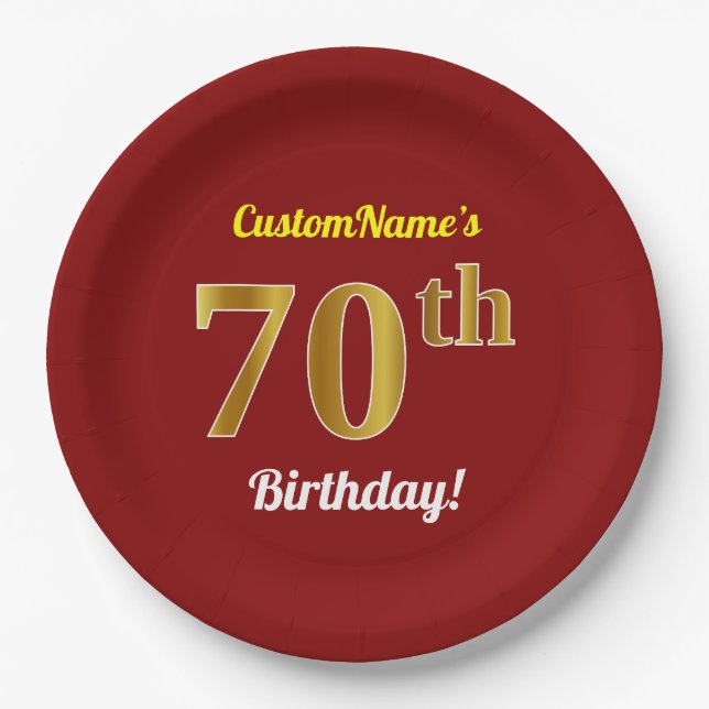 Plato De Papel Red, Faux Gold 70th Birthday + Nombre personalizad (Anverso)