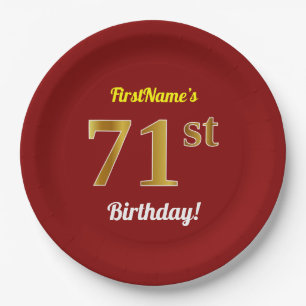 Plato De Papel Red, Faux Gold 71st Birthday + Nombre personalizad