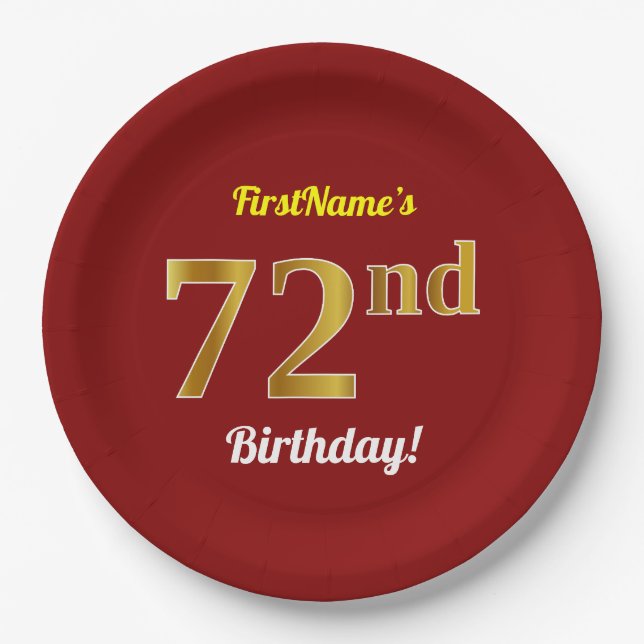 Plato De Papel Red, Faux Gold 72nd Birthday + Nombre personalizad (Anverso)