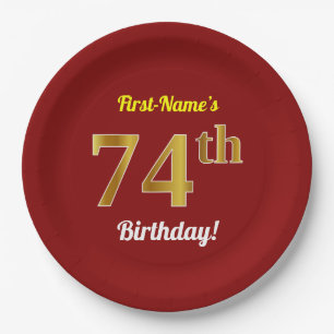 Plato De Papel Red, Faux Gold 74th Birthday + Nombre personalizad