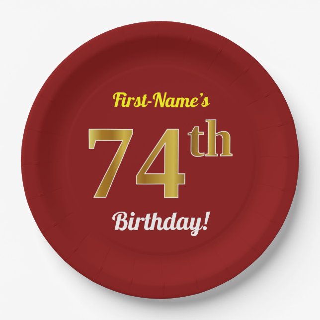 Plato De Papel Red, Faux Gold 74th Birthday + Nombre personalizad (Anverso)