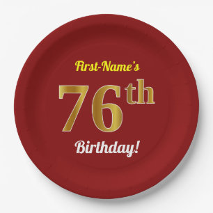Plato De Papel Red, Faux Gold 76th Birthday + Custom Name