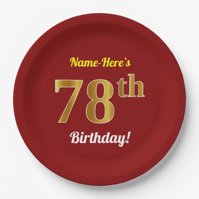 Plato De Papel Red, Faux Gold 78th Birthday + Custom Name (Anverso)