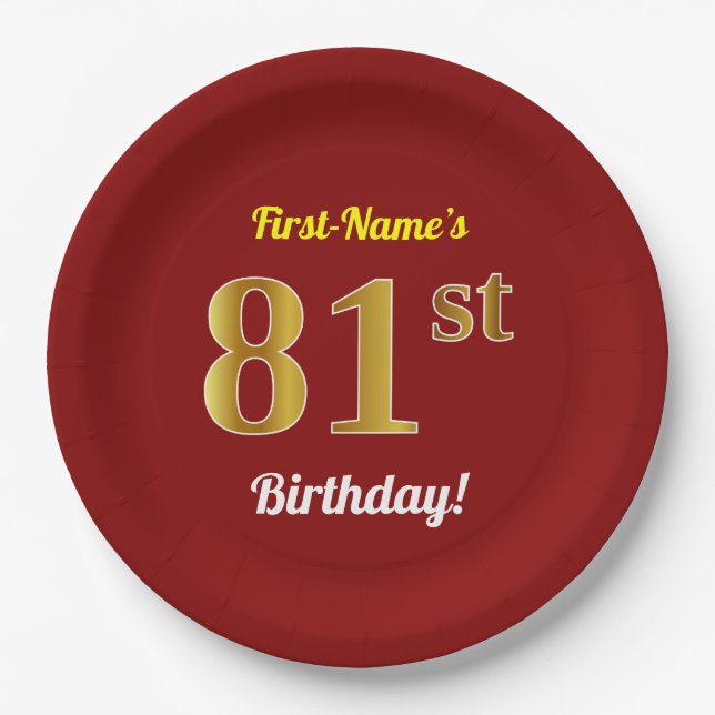 Plato De Papel Red, Faux Gold 81st Birthday + Nombre personalizad (Anverso)