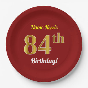 Plato De Papel Red, Faux Gold 84th Birthday + Nombre personalizad