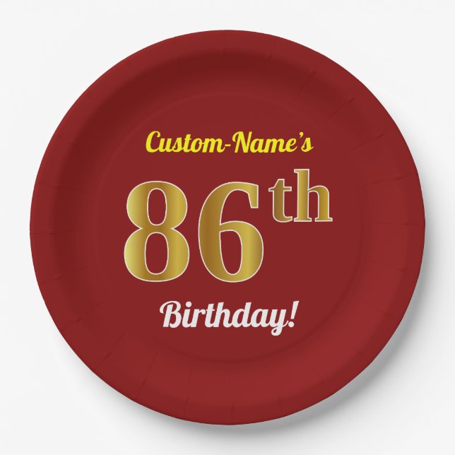 Plato De Papel Red, Faux Gold 86th Birthday + Custom Name (Anverso)