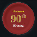 Plato De Papel Red, Faux Gold 90th Birthday   Nombre personalizad<br><div class="desc">Este sencillo, personalizado, diseño de placas de papel con temática de cumpleaños incluye un mensaje de personalizable como "¡Cumpleaños 90 de FirstName!", donde se puede cambiar el nombre, y con el "90" que tiene un aspecto falso/imitación dorado. También tiene un fondo de color rojo. Las placas de papel como estas...</div>