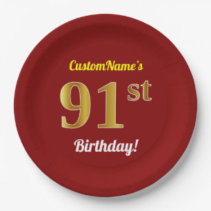 Plato De Papel Red, Faux Gold 91st Birthday + Nombre personalizad