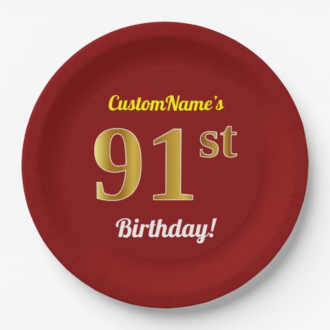 Plato De Papel Red, Faux Gold 91st Birthday + Nombre personalizad (Anverso)