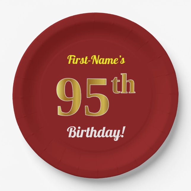 Plato De Papel Red, Faux Gold 95th Birthday + Nombre personalizad (Anverso)