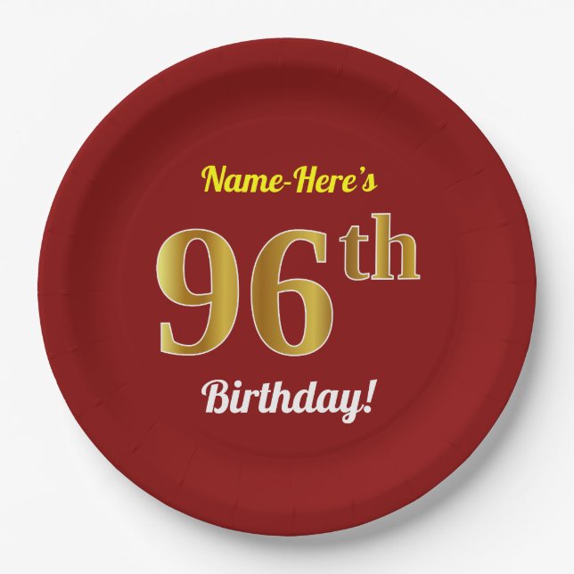 Plato De Papel Red, Faux Gold 96th Birthday + Custom Name (Anverso)