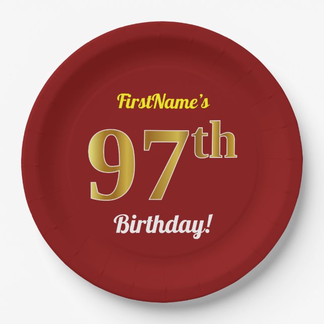 Plato De Papel Red, Faux Gold 97th Birthday + Custom Name (Anverso)