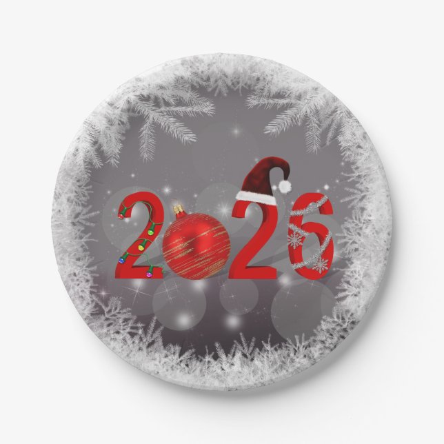 Plato De Papel Red Festive Merry Christmas New Year 2026 (Anverso)