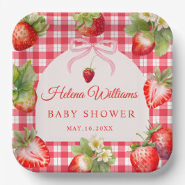 Plato De Papel Red Gingham Bow Strawberry Baby Shower Paper Plate