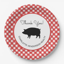 Plato De Papel Red Gingham Checkered Pig Roast BQ Fiesta