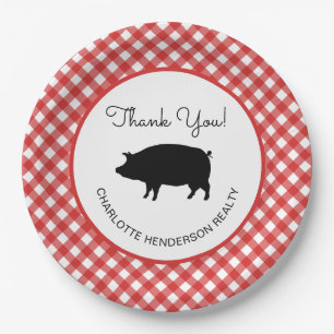 Plato De Papel Red Gingham Checkered Pig Roast BQ Fiesta